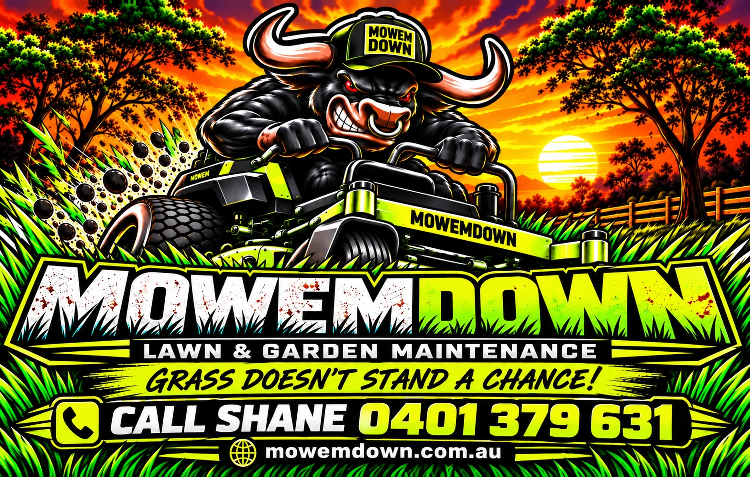 Mowem Down bull mascot mowing through long grass at sunset